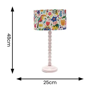 Rose Pink Bobbin Stem Table Lamp with Jungle Drum Shade for Living Room Bedroom - LED Bulb Included