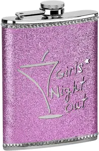 KAV 8 oz Girls Night Out Pink Glitter Hip Flask with Stainless Steel Construction, Durable and Stylish, Perfect Gift for Women