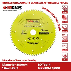 Saxton TCT16080TPRO Professional Range TCT Circular Blade 160mm x 80Teeth x 20mm Bore & 16mm Ring