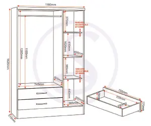 Nevada Rustic Oak Effect 3 Door 2 Drawer Mirrored Wardrobe Metal Runners