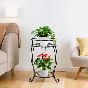 2-Tier Decorative Black Iron Plant Pot Stand Suitable for Indoor and Outdoor Use