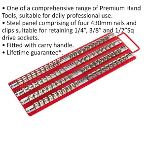 Durable Red Bit Holder Tray for 1/4", 3/8", and 1/2" Drive Sockets with Retaining Rail