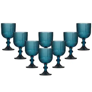 Set of 8 Vintage Luxury Blue Ribbed Drinking Wine Glass Wine Goblets 360ml