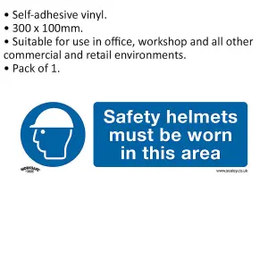 Mandatory Safety Helmets Sign - Self Adhesive Vinyl Sticker 300 x 100mm