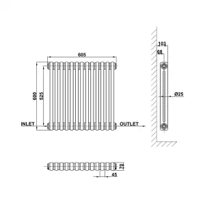 Horizontal Anthracite Double Column Radiator (H) 600mm x (W) 605mm, 2728 BTU.