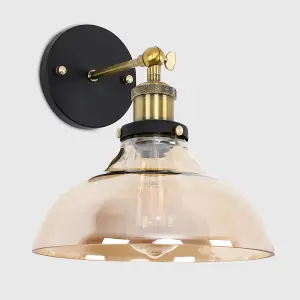 ValueLights Wallace Industrial Black and Gold Wall Light Fitting with Tinted Glass Wide Light Shade