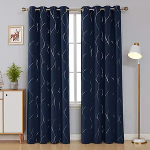 Deconovo Eyelet Blackout Thermal Curtains, Silver Wave Line Foil Printed Curtains for Living Room, 52 x 72 Inch, Navy Blue, 1 Pair