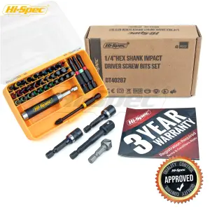 Hi-Spec 44pc Impact Drill Driver Screw Bit Set. 25mm & 50mm S2 Steel. Pozi Driv, Torx, Phillips & Nut Screwdriver Bits