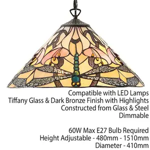 Tiffany Glass Hanging Ceiling Pendant Light Bronze Dragonfly 3 Lamp Shade i00073