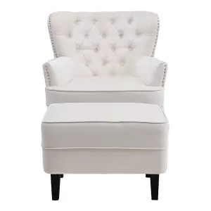 Off White Velvet Upholstered Occasional Armchair Studded Design Accent Chair with Ottoman Footstool