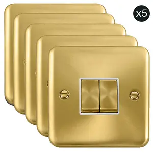 5 PACK - Curved Satin / Brushed Brass 10A 2 Gang 2 Way Ingot Light Switch - White Trim - SE Home