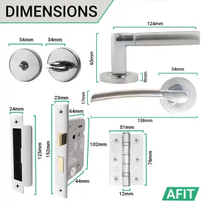 AFIT Door Handle Bathroom Set - Polished/Satin Chrome Finish - 64mm Lock 76mm Hinges Boston Range