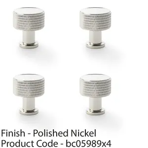 4 PACK - Round Knurled Door Knob 29mm Diameter Polished Nickel Radio Cupboard Pull Handle