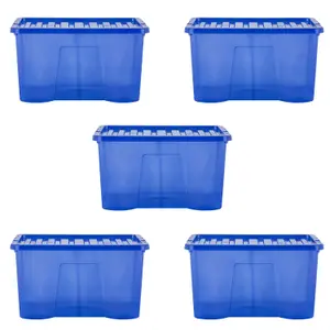 Wham Crystal 5x 60L Plastic Storage Boxes with Lids. Large Size, Strong . Made in the UK Tint Spectral Blue