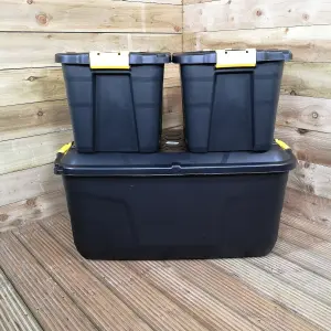 1 x 145L AND 2 x 60L Heavy Duty Trunks 1 on Wheels Sturdy, Lockable, Stackable and Nestable Design Storage Chest Clips in Black