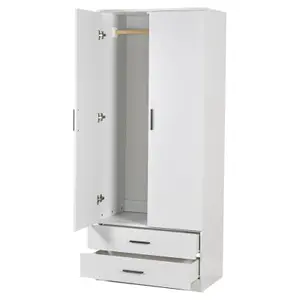 URBNLIVING 180cm Tall 2 Door Wardrobe With 2 Drawers White Carcass and White Drawers Bedroom Storage Hanging Bar Clothes