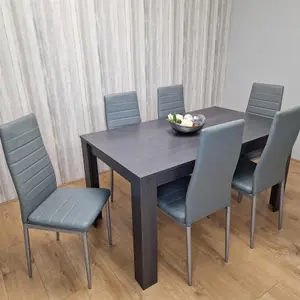 Dining Table and 6 Chairs  Black Dark Grey 6 Grey Leather Chairs Wood Dining Set Furniture