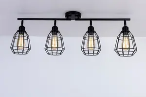 Caged Bar Ceiling Light, 4 Lights E27 Cap, Black Vintage Finish, LED Compatible