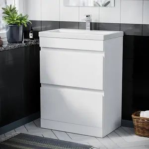 Nes Home White 600mm PVC 2 Drawer Vanity Cabinet & Basin Sink Floor Standing