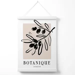 Beige and Black Olive Boho Sketch Floral Poster with Hanger / 33cm / White