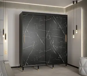 Bergen Contemporary 2 Sliding Door Wardrobe Gold Handles Marble Effect 9 Shelves 2 Rails Black (H)2080mm (W)1800mm (D)620mm