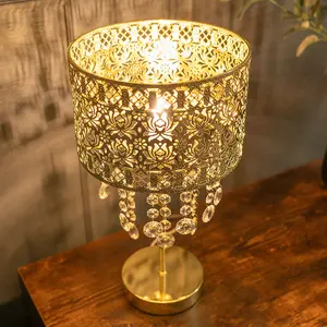 ValueLights Enna Gold Moroccan Style Bedside Table Lamp with Acrylic Jewel Droplet Drum Lampshade - Bulb Included