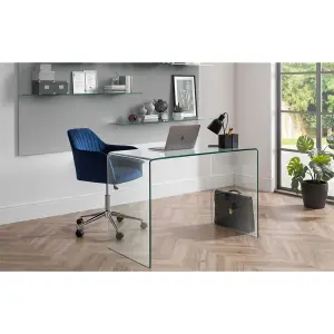 Blue and Chrome Velvet Swivel Office Chair