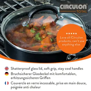 Circulon Total Black Round Hard Anodised Aluminium Induction Suitable Casserole Dish with Glass Lid 24cm, 2.8L