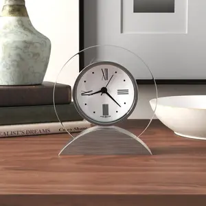 Modern & Contemporary Roman Numeral Metal Quartz Movement / Crystal Alarm Tabletop Clock in Silver