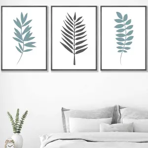 Set of 3 Graphical Blue Grey Leaves Wall Art Prints / 50x70cm / Dark Grey Frame