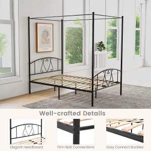 Costway Double Size Metal Canopy Bed Frame 4-Poster Modern Platform Wooden Slat Support