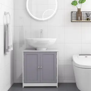 kleankin 60x60cm Under-Sink Storage Cabinet w/ Adjustable Shelf Grey White