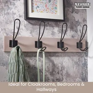 keypak Rustic Wall Mounted Coat Rack, Vintage Double Wire Coat Hooks on Wooden Base, Fixings Included (4 Hooks, Light Grey Ash)