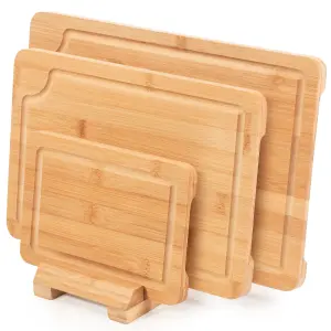 Woodluv Set of 3 Wooden Chopping Board Cutting Board With Stand - Strong, Durable & Hard Wearing Antibacterial Serving Chopping Bo