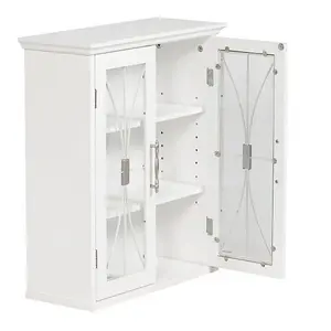 Teamson Home Bathroom Wall Cabinet, Wooden Cabinet with 2 Doors, Glass Doors, Bathroom Storage, White