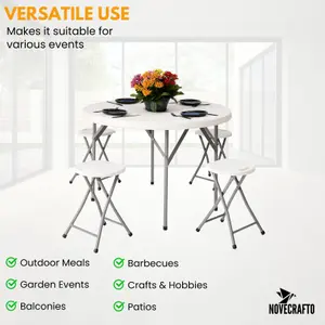 White Round Table 110 cm with Parasol Hole, Space-Saving HDPE Top, Steel Frame for Indoor / Outdoor Use, Garden Parties, BBQs