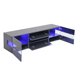 Kirsten TV Stand With Storage for Living Room and Bedroom, 1690 Wide, LED Lighting, Media Storage, Grey High Gloss Finish