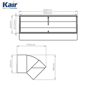 Kair 45 Degree Vertical Elbow Bend 204mm x 60mm - 8 x 2 inch Rectangular Plastic Ducting Adaptor