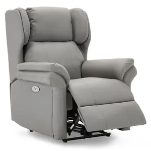 Electric Powered Recliner Chair With Wingback Design And USB Charger Port In Grey Bonded Leather