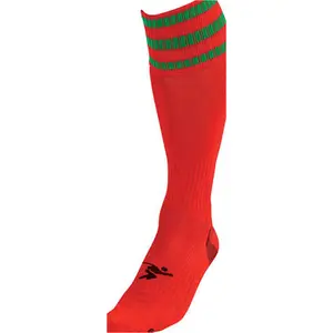 JUNIOR Size 12-2 Pro 3 Stripe Football Socks - RED/GREEN - Contoured Ankle