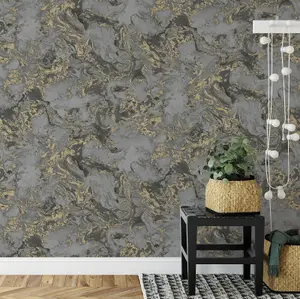 Metallic Ripple Liquid Marble Swirl Charcoal Grey Gold Shimmer Wallpaper WD0043