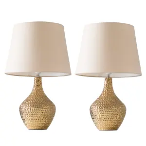 ValueLights Bailey Pair of Modern Metallic Gold Indent Textured Ceramic Table Lamps with Beige Shades