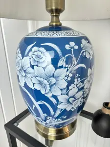 Blue Oriental Ceramic Table Lamp with Plain Shade