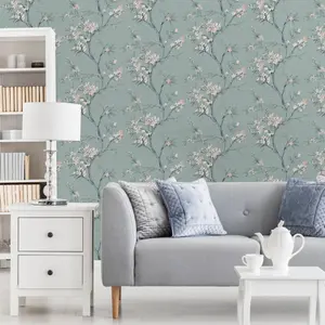 Superfresco Easy Duck egg Oriental blossom Embossed Wallpaper