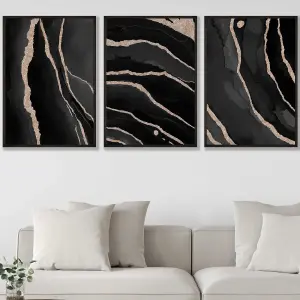 Set of 3 Abstract Black Grey Gold Strokes Wall Art Prints / 50x70cm / Black Frame