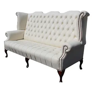 Chesterfield 3 Seater High Back Wing Chair Cottonseed Cream Leather Sofa In Queen Anne Style