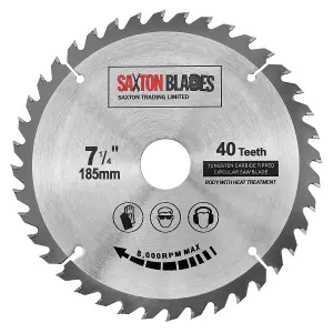 Saxton TCT18540T TCT Circular Saw Blade 185mm x 40 Teeth x 30mm Bore + 16, 20 and 25mm Rings