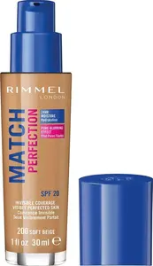 Rimmel Match Perfection Foundation 200 Soft Beige, Medium Coverage, 24Hr Hydration, No Caking Or Creasing, Lightweight, Reduces Imperfections,