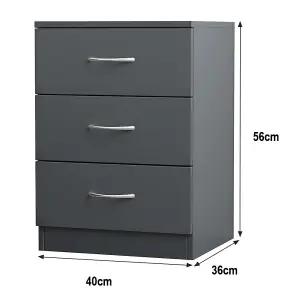 SunDaze Chest of Drawers Bedroom Furniture Bedside Cabinet with Handle 3 Drawer Grey 40x36x56cm