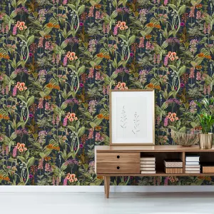 GoodHome Platin Lime & navy Botanical garden Textured Wallpaper